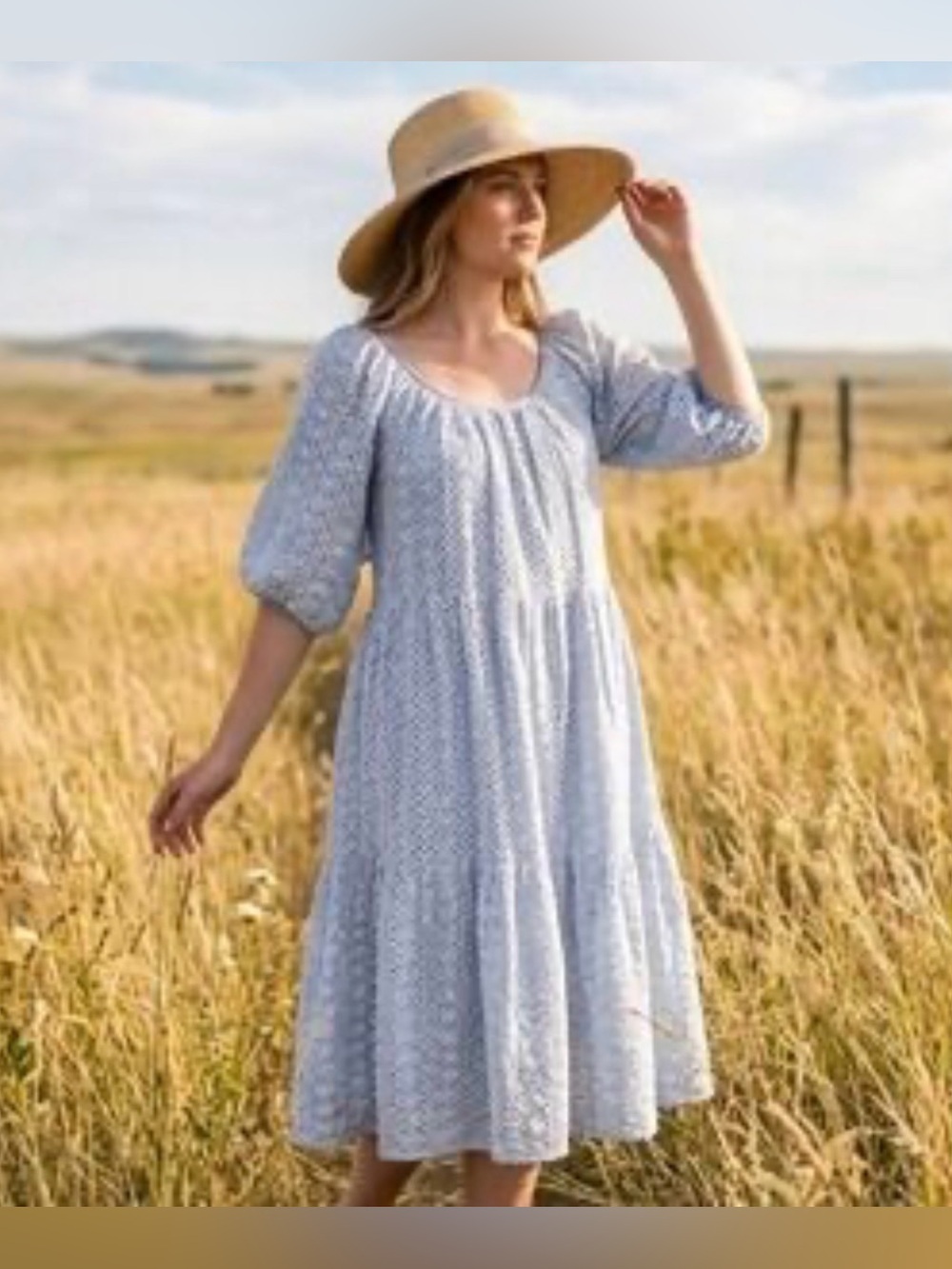 Joe Fresh Jillian Harris Light Blue Eyelet Tiered Midi Dress with Puff Sleeves